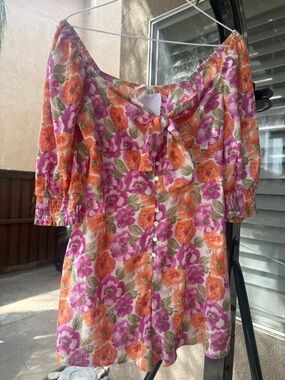 Lush Orange & Pink Floral Tie-Front Mini Dress
